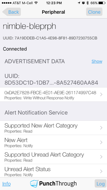 LightBlue iOS App connected to the nimble-bleprph device